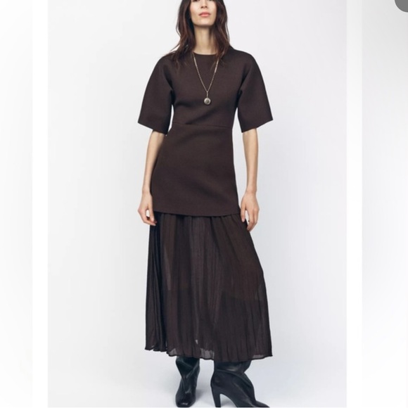 ZARA BROWN PLEATED COMBINATION DRESS - Picture 2 of 5